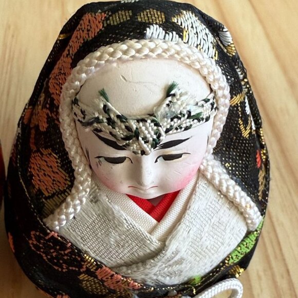 Vintage Japanese Wedding Doll Couple Roly-Poly Hime Daruma Gofun Face 4.5" Tall - Picture 9 of 10